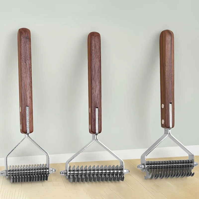 Peine anudado de acero inoxidable para mascotas, removedor de pelo de perro de doble cara, mango de madera, cepillo de deshedding para perros, gatos, accesorios para perros