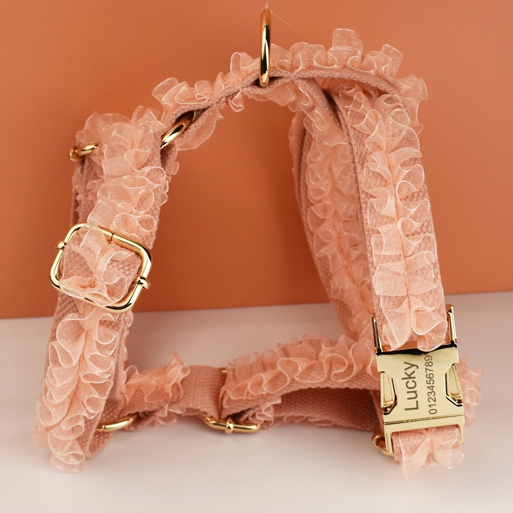 Collar de perro de encaje grabado personalizado, arnés de boda personalizado para mascotas, accesorios de lujo para perros, placa con nombre de encaje 03 - imagen 2