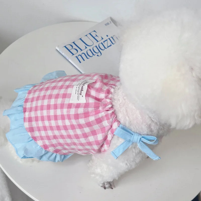 Camiseta sin mangas a cuadros con cordón para mascotas, bonito vestido a cuadros refrescante, Top de encaje con lazo de peluche, vestidos para perros pequeños y cachorros - imagen 4