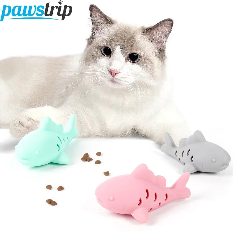 Juguete interactivo de comida con fugas para gatos, juguetes para masticar de silicona para gatos, juguete de limpieza de dientes de gatito resistente a mordeduras, juguete para mascotas en forma de pez, accesorios para gatos