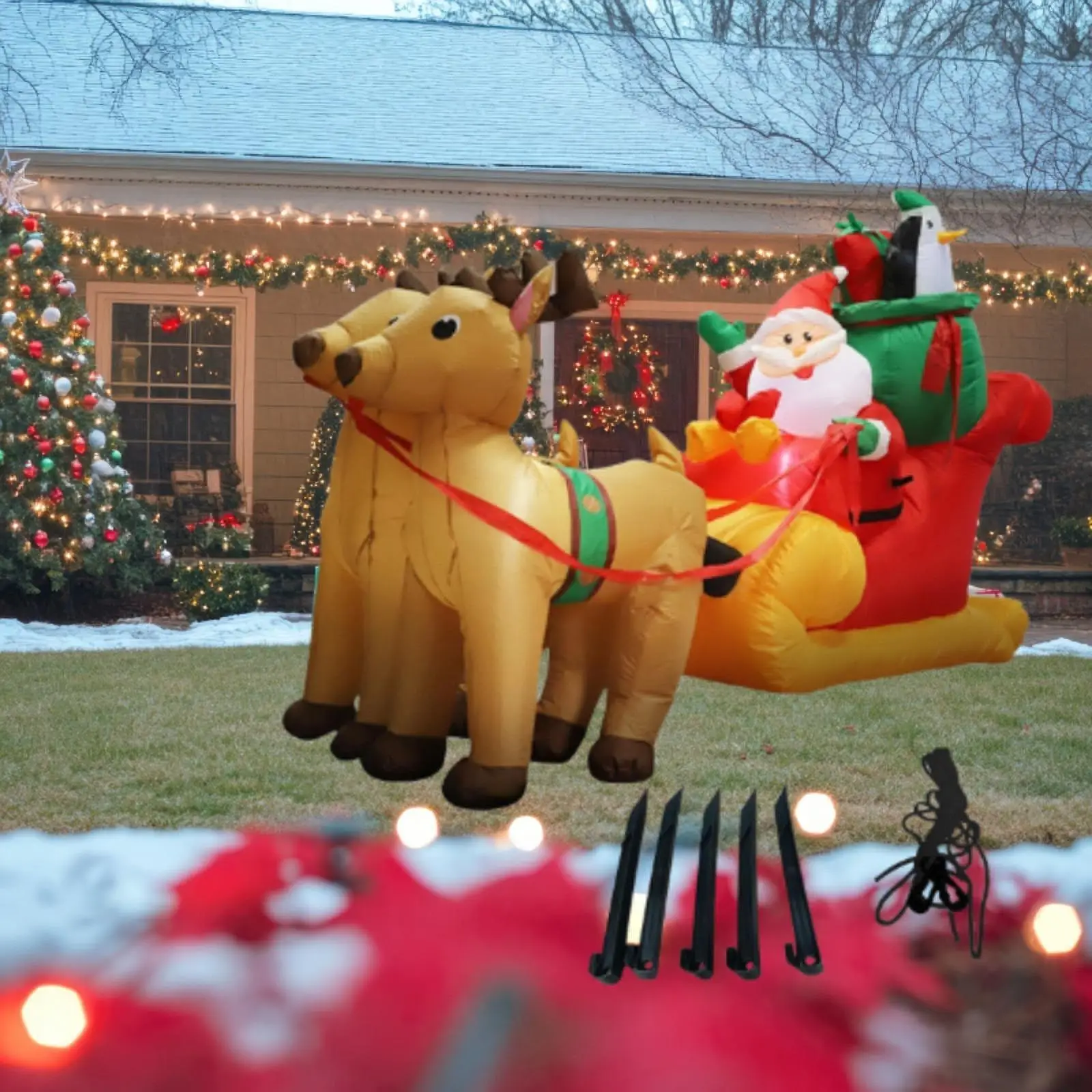 Trineo inflable de Navidad con forma de reno y Papá Noel, juguete inflable, luces LED, decoración de patio de Navidad, decoración al aire libre para jardín e invierno