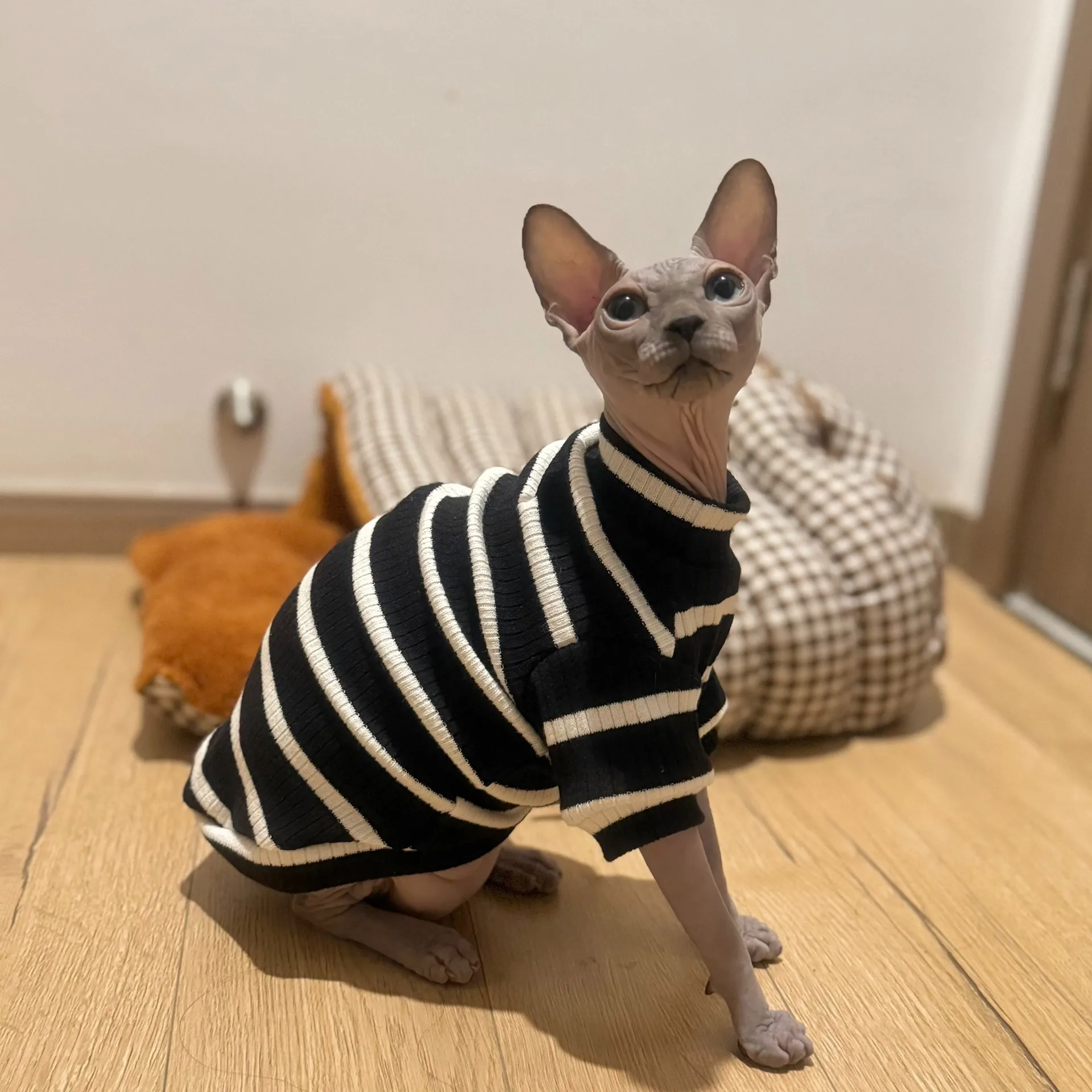 Camiseta de algodón con tiras negras para gato sin pelo, camiseta interior de primavera e invierno para gato Sphynx, pijamas suaves de manga larga para Devon Rex
