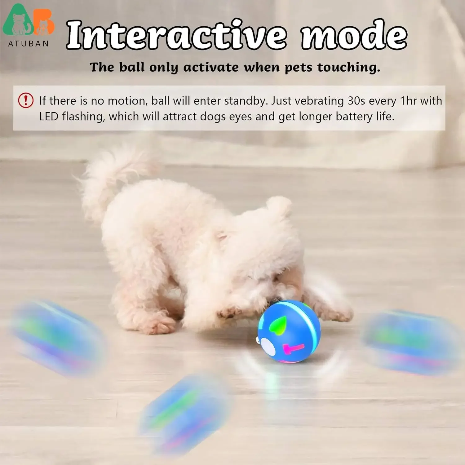 ATUBAN-pelota interactiva para perros pequeños y medianos, juguete para gatos de interior, con activación por movimiento, dos cuerdas para masticar - imagen 4