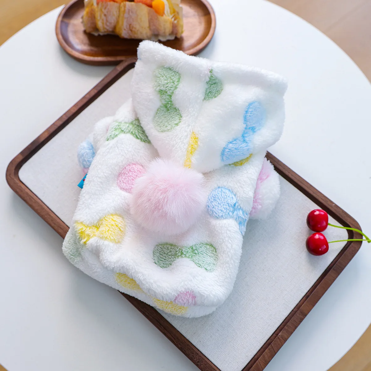 Sudadera con capucha de felpa para otoño e invierno para mascotas, Sudadera con capucha para perros pequeños y gatos, Sudadera con capucha de felpa con lazo cálido y colorido, ropa para cachorros - imagen 3