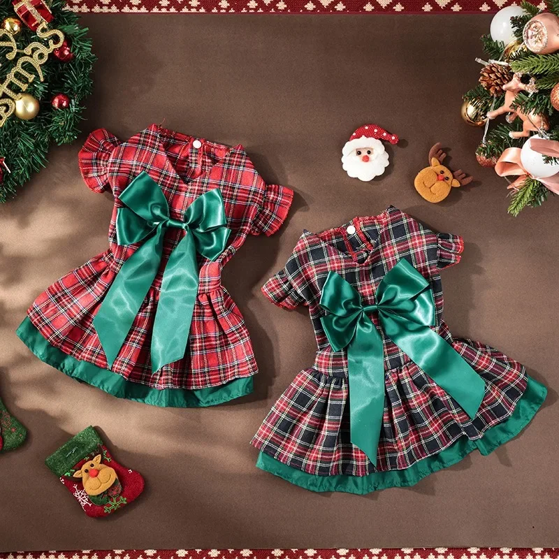 Ropa navideña para perros, falda larga clásica a cuadros con lazo, vestido de fiesta de Navidad, ropa para mascotas, vestidos para perros pequeños - imagen 2