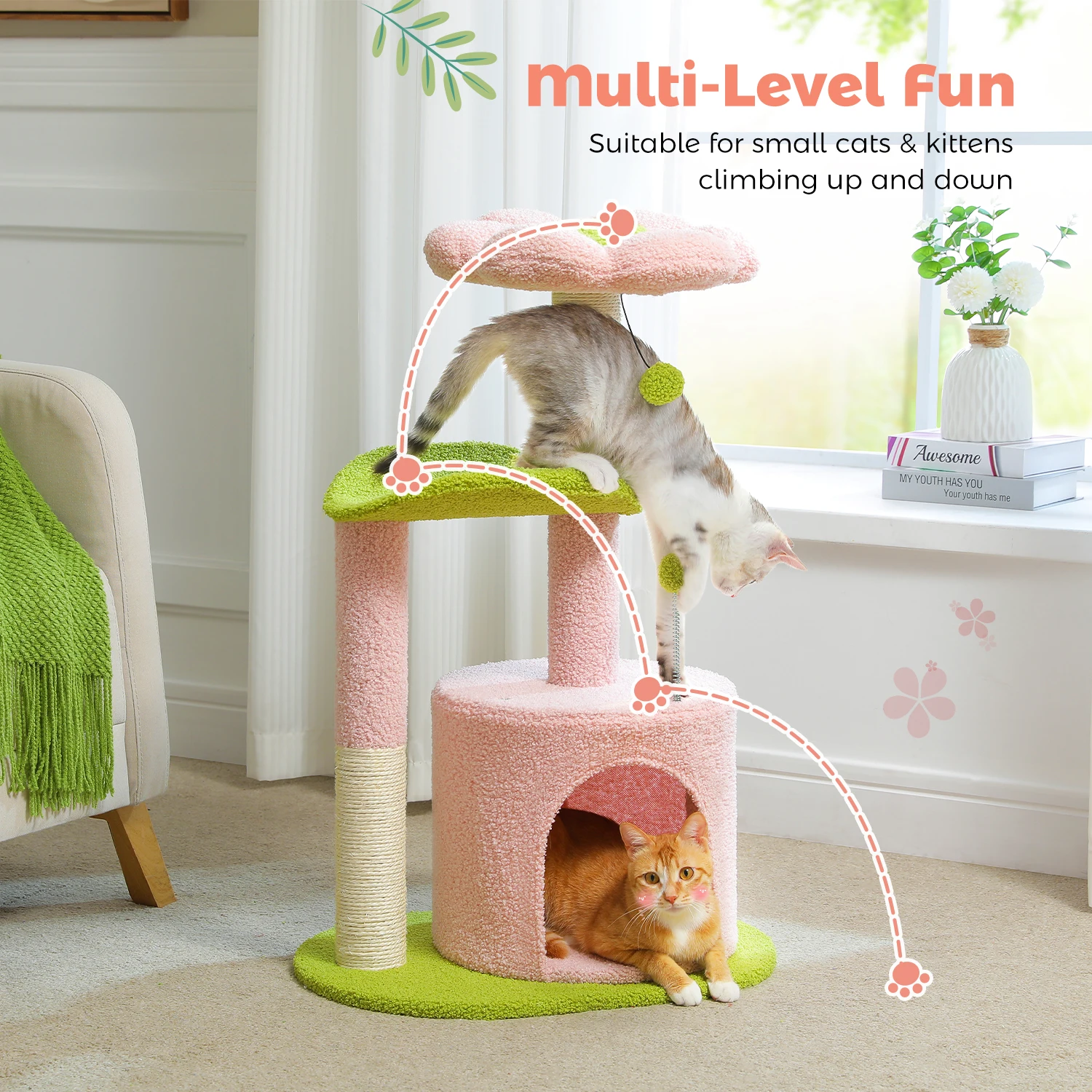 Árbol de Cactus con percha curvada para gatos, Torre pequeña con cama superior extraíble,  poste de rascadores para gatos, juguetes para gatos de interior, gato accesorios - imagen 3