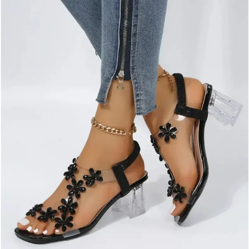 Sandalias de verano para mujer, decoración de flores de cristal de Pvc, tacón grueso, punta abierta, correa trasera, banda elástica, zapatos elegantes de moda para mujer - imagen 3