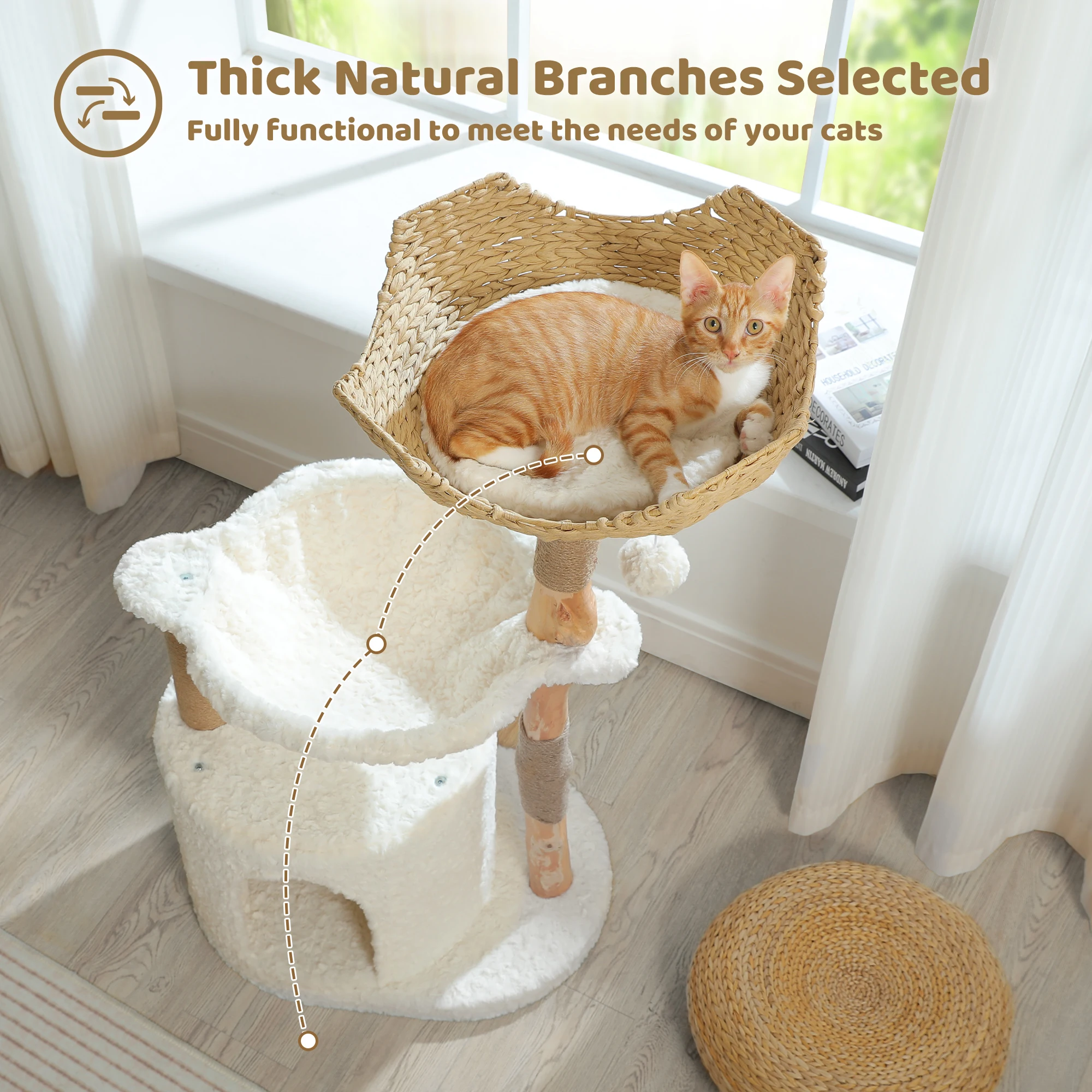 Árbol para gatos moderno, torre de madera natural para gatos con gran cesta de mimbre, condominio espacioso, hamaca profunda, lujosa cama tipo casa para gatos de interior - imagen 5