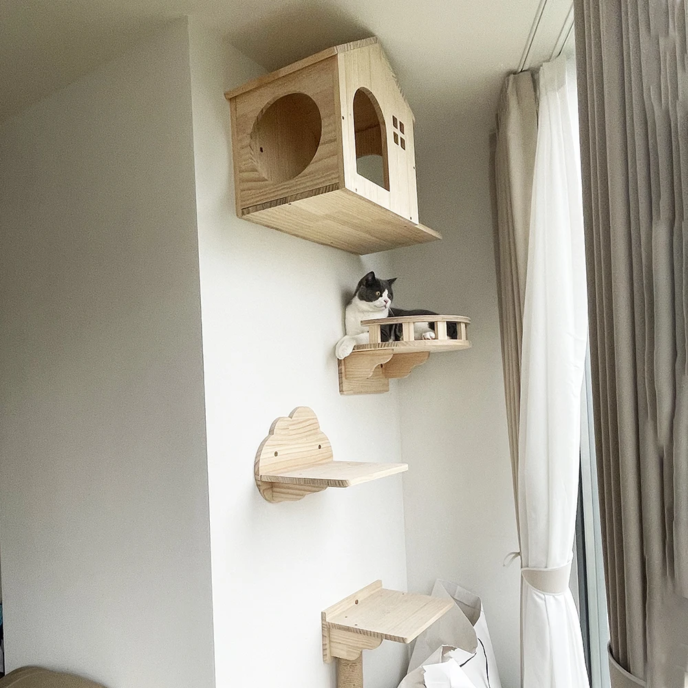 Villas para gatos montadas en la pared con varios estilos de camas para gatos, accesorios para escaleras de madera maciza, adecuados para gatos para jugar y descansar