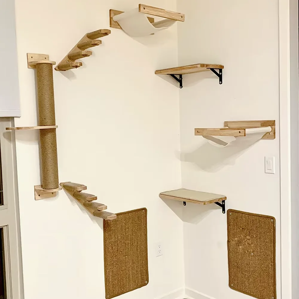 Sistema de escalada para gatos montado en la pared, postes rascadores de madera, hamaca y perchas, muebles de pared para gatos para escalar y rascar - imagen 4