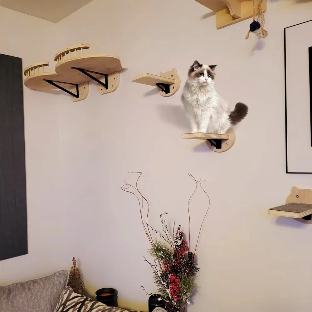 Estantes de escalada montados en la pared, hamaca de madera con escalera y puente para gatos, percha para gatos, patio de juegos interior para mascotas - imagen 5