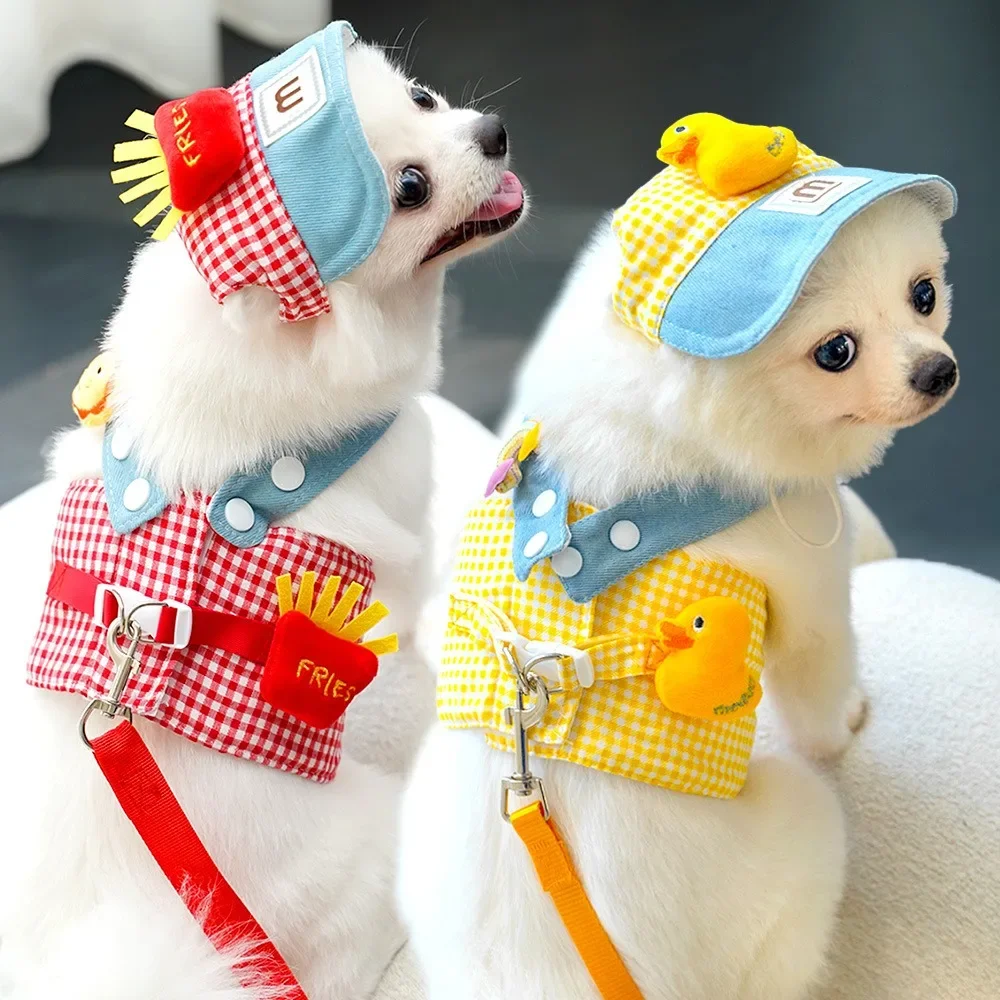 Spring Pet Wire Rope Pulling Rope Cute Hat Three Piece Cat Clothes Outgoing Pulling Set Dog Harness and Leash Set - imagen 5