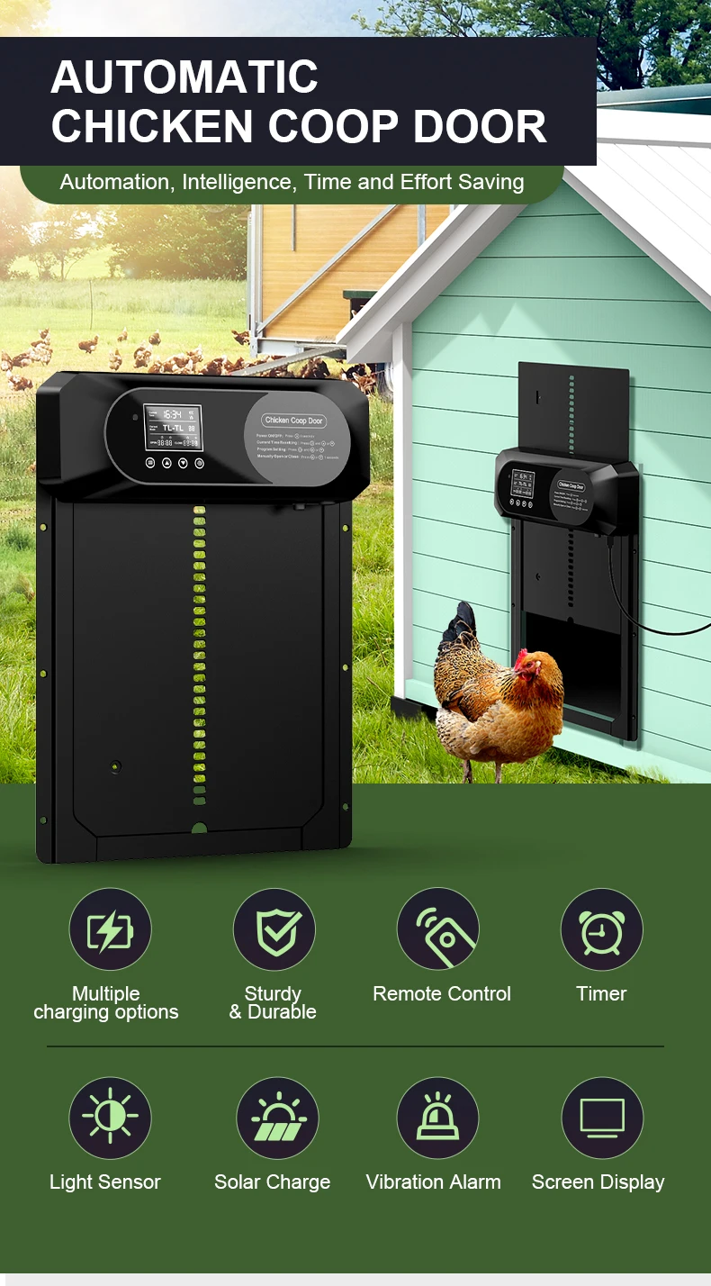 Sistema de puerta automática con panel solar instalado en gallinero