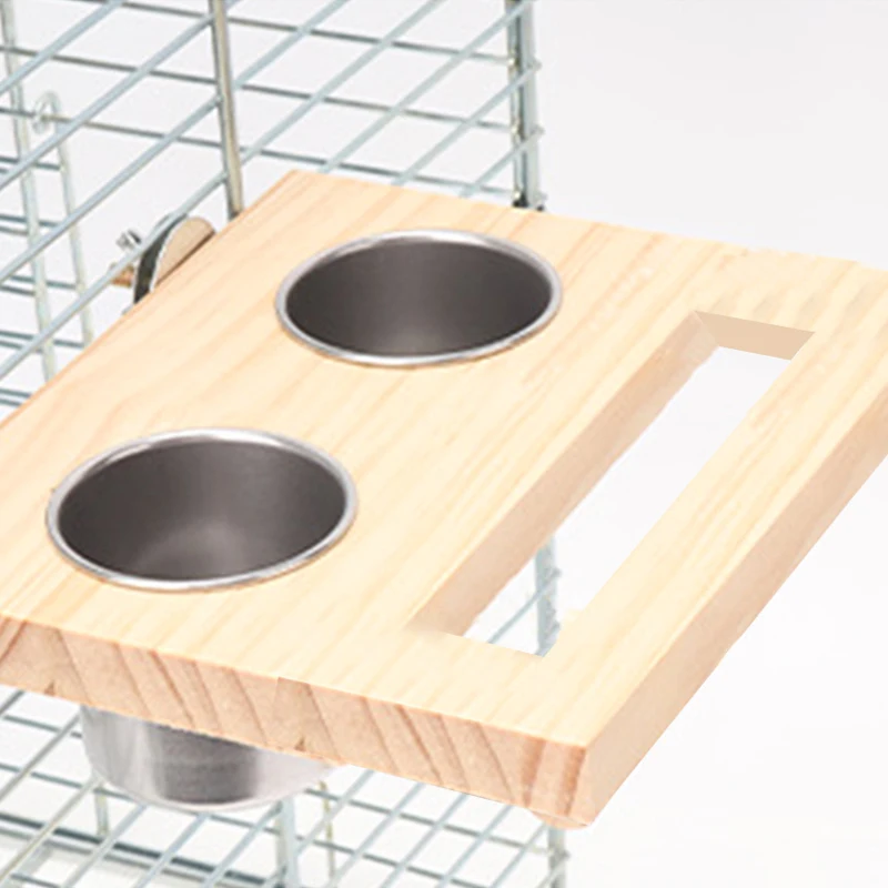 Alimentador de agua y comida para pájaros, cuenco doble de acero inoxidable, tazas de alimentación para loros, cuencos de agua con plataforma de soporte de madera para pájaros pequeños - imagen 3