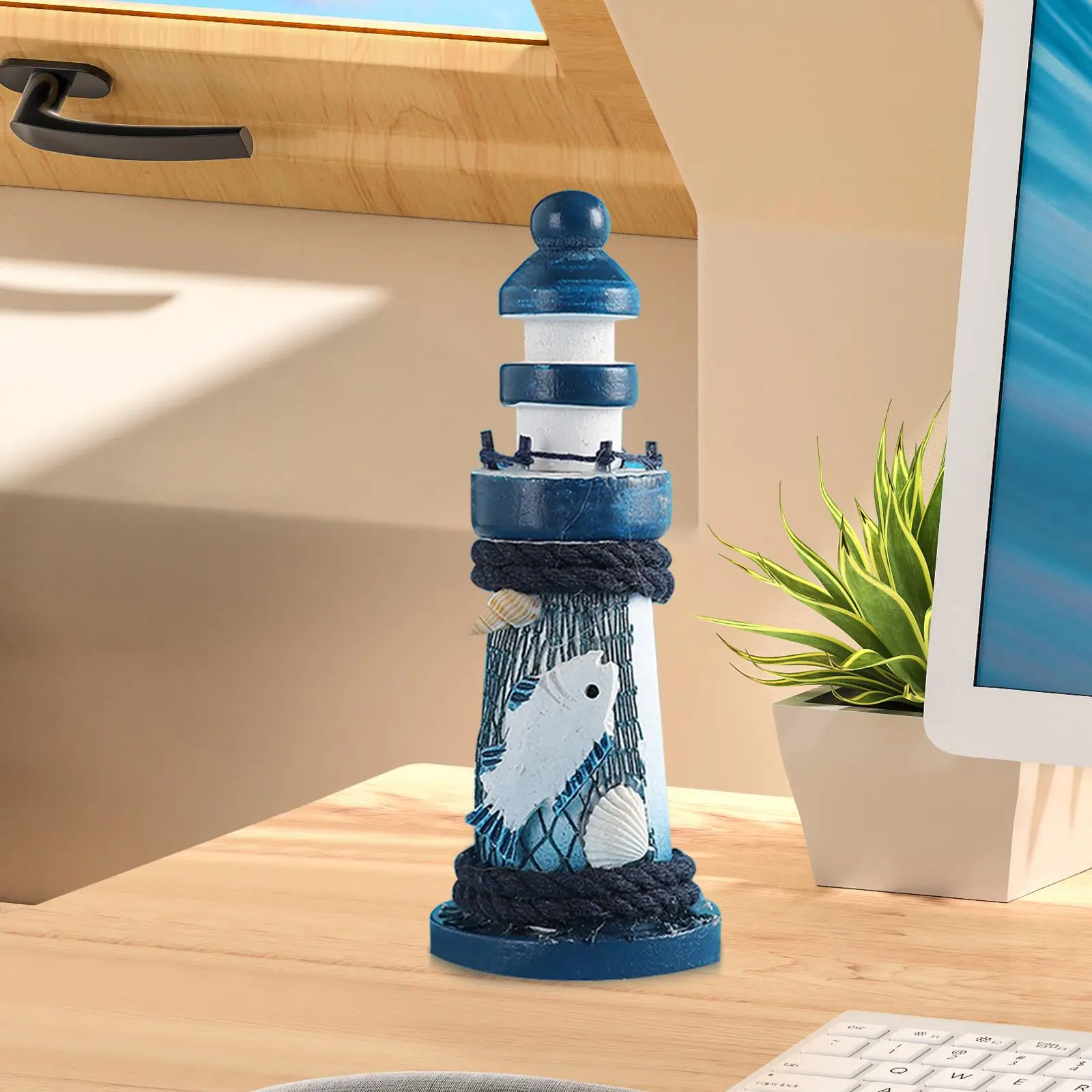 Wood Lighthouse Statue Decorative Figurine Photography Prop Collectible Wooden Sculpture Desktop Ornament for Fireplace Desk