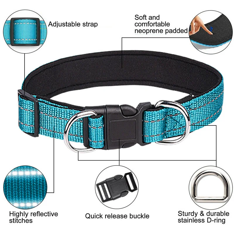 Collar reflectante para perros, Collar para mascotas de nailon transpirable acolchado de neopreno suave ajustable para perros medianos y grandes, cuello de 25-60 centímetros - imagen 3
