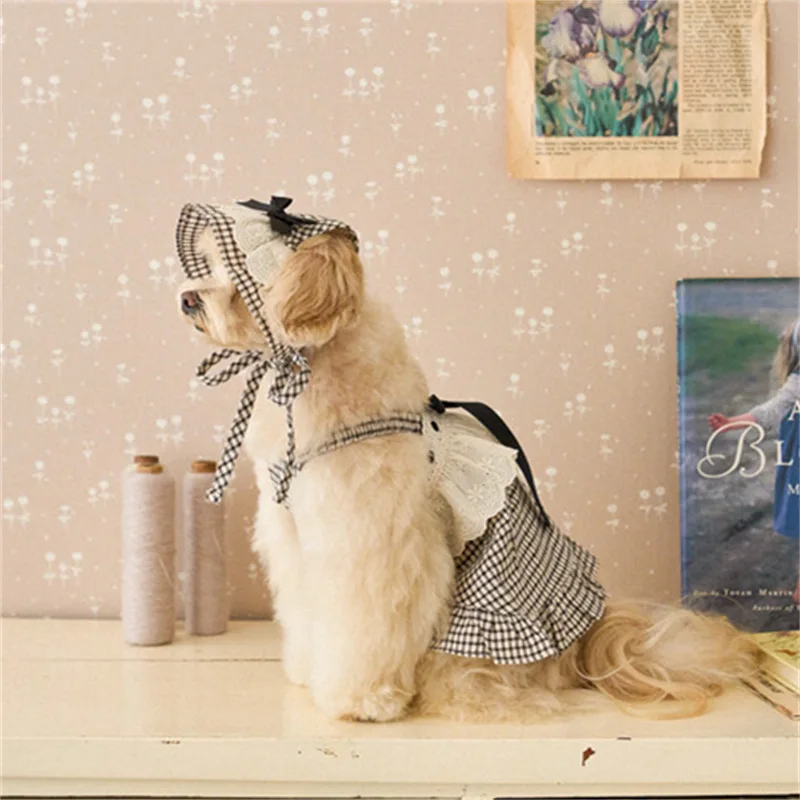 Vestido a cuadros de primavera para mascotas, conjunto de sombrero bonito, ropa para perros y gatos, falda de princesa a cuadros de encaje con lazo, ropa para cachorros pequeños - imagen 3