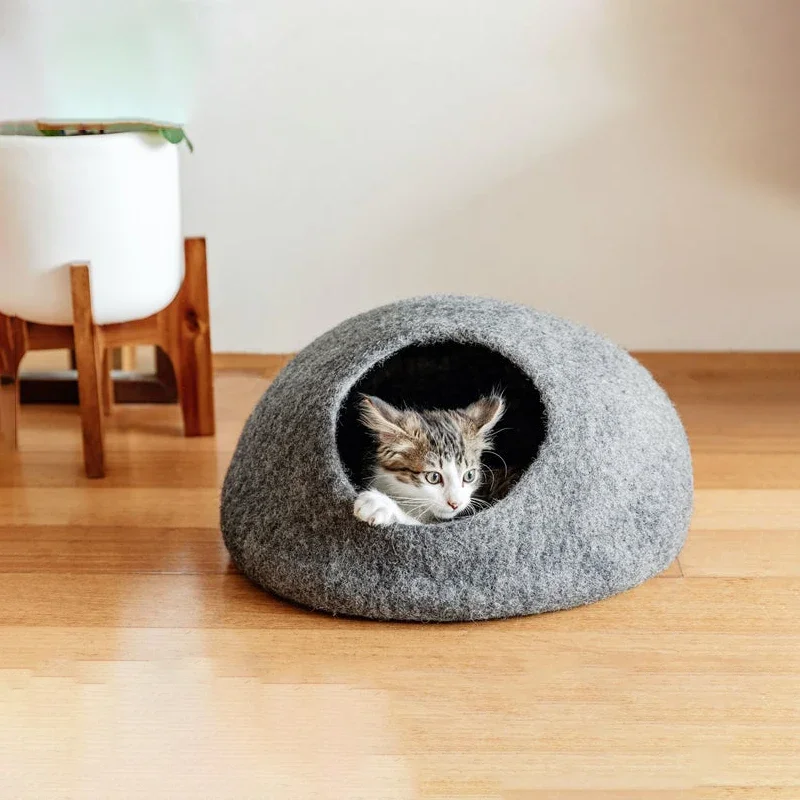 Cama de lana de fieltro hecha a mano para mascotas, muebles impermeables lavables para mascotas, cueva de gatito de fieltro de lana Premium, se desvanece, casa pequeña para mascotas, nuevo - imagen 4