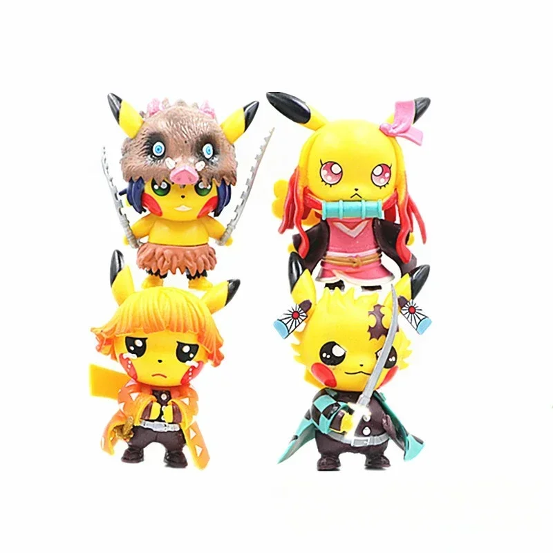 4 Uds Anime Pikachu Go figuras Pikachu Cosplay Demon Slayer Tanjirou Nezuko Zenitsu Inosuke colección de PVC niños juguete para regalo de cumpleaños - imagen 2