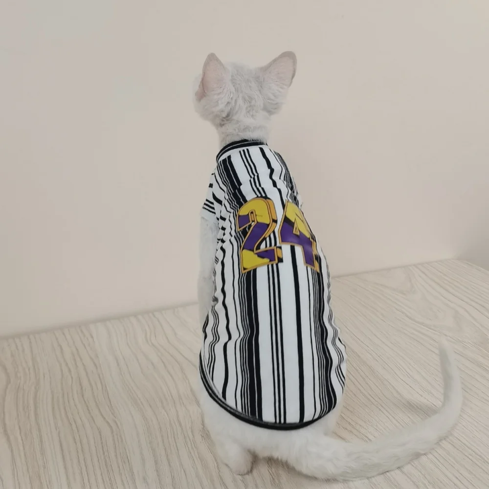 Camiseta deportiva de algodón a rayas para gato Sphynx, abrigo de primavera de manga corta para gatitos, traje para exteriores Devon Rex, moda de verano - imagen 4