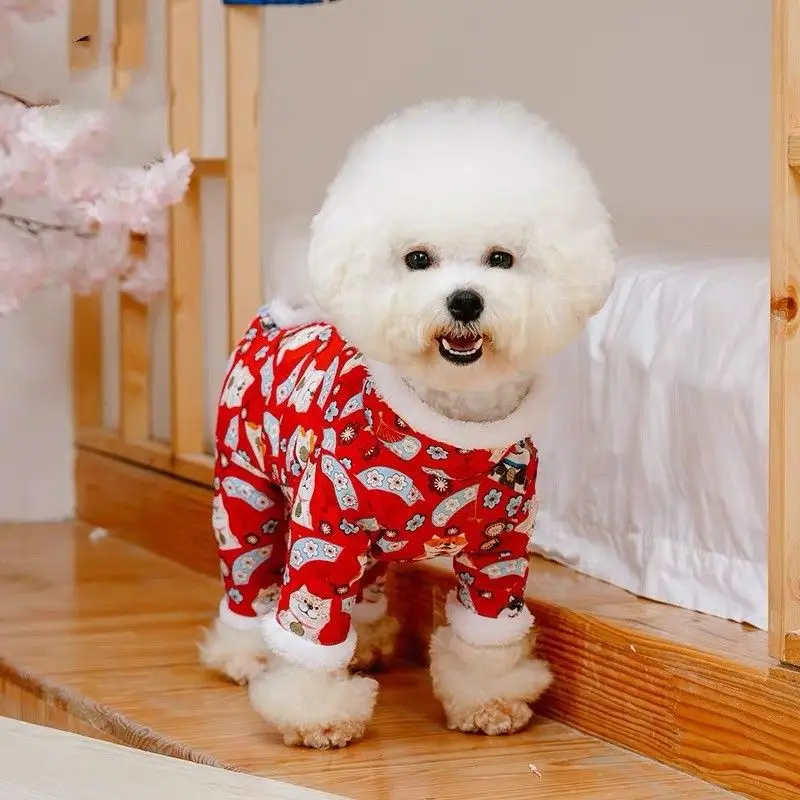 Pantalones gruesos de cuatro patas con encaje de felpa para mascotas, todo incluido, mono de peluche para otoño e invierno, chaqueta de cuatro patas con oso de peluche - imagen 2