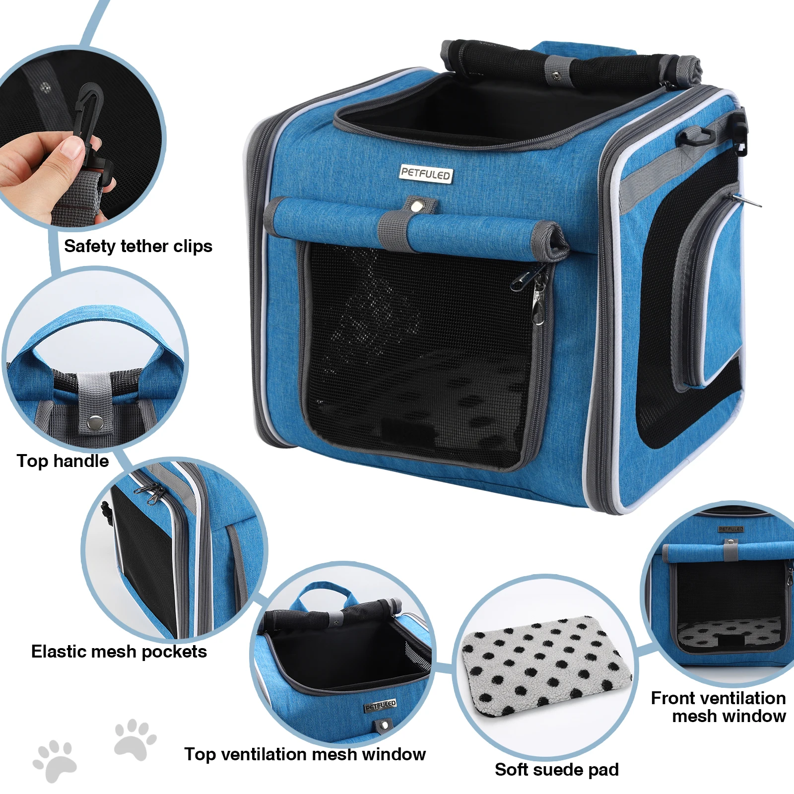 PETFULED-Cesta para bicicleta para perros o gatos, mochila transportadora para mascotas de lados blandos expandible con 4 puertas abiertas, portabicicletas plegable para perros, azul - imagen 3