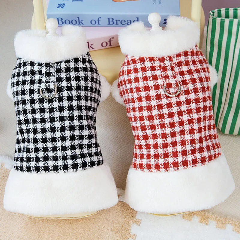 Chaqueta con cuello de piel de lujo para invierno, ropa de manga corta roja y negra para perros pequeños, disfraces con anillo en D para perros salchicha y Yorks, abrigos para mascotas, chaquetas - imagen 3