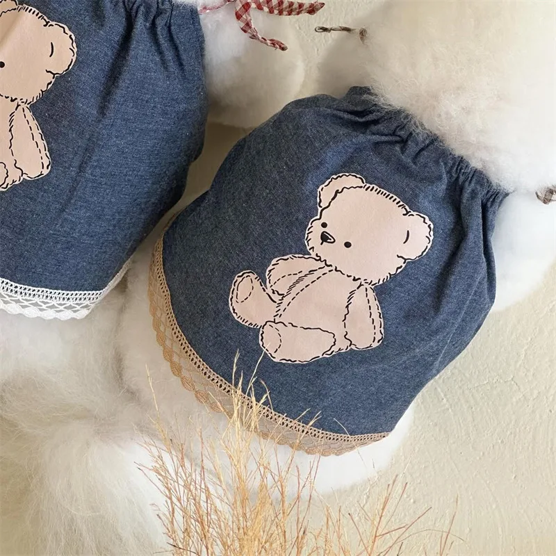 Vestido vaquero con tirantes para mascotas, chaleco con tirantes vaqueros de dibujos animados para gatos, oso de peluche, tocado con lazo superior para perros, vestidos para perros pequeños - imagen 4