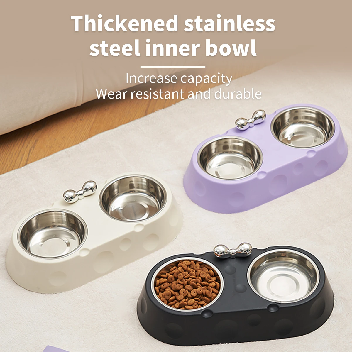 Cuenco de acero inoxidable para perros, Bol doble para mascotas, lazo de queso, cuenco para gatos, antideslizante y antienfadado - imagen 2