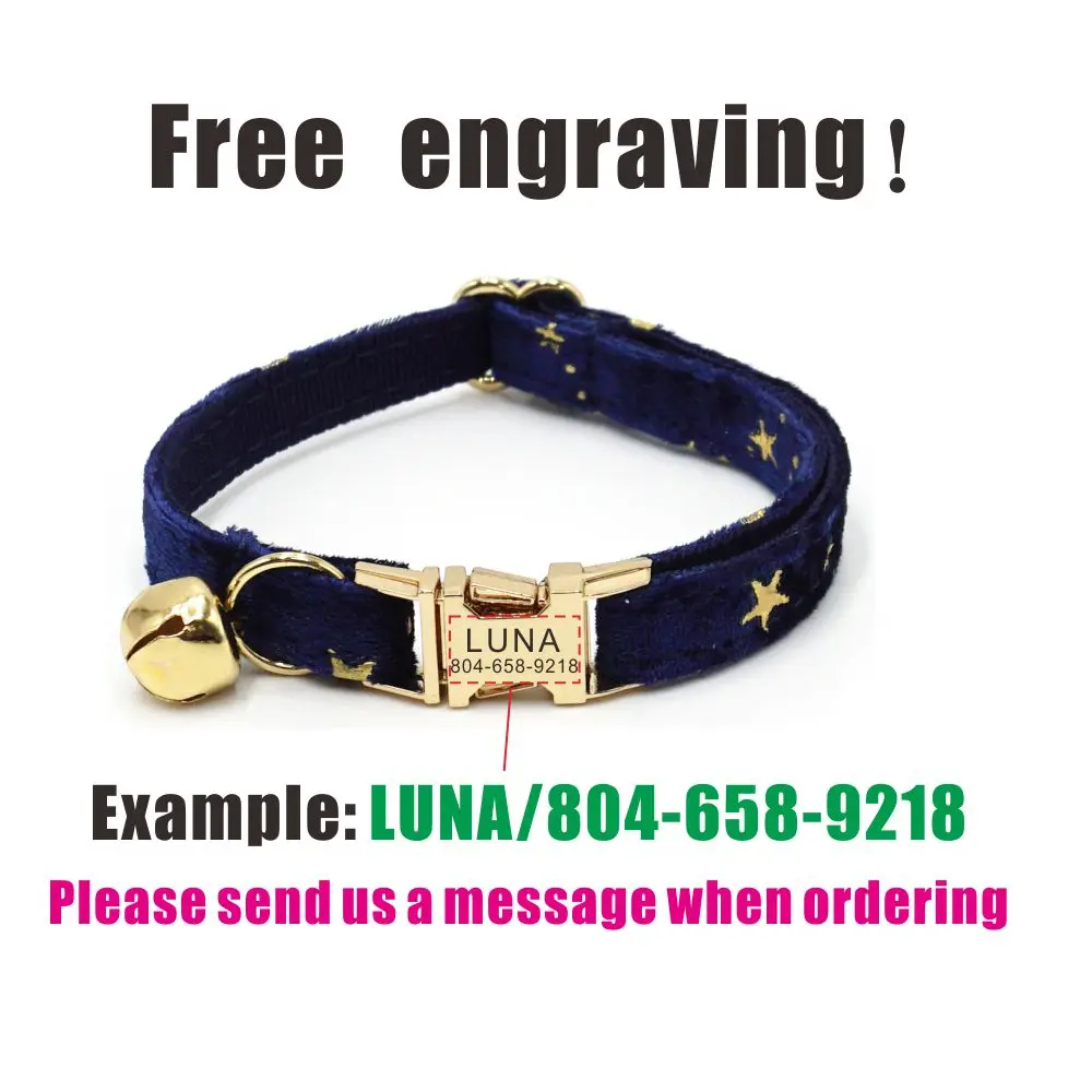 Collar de gato personalizado con campana, placa de identificación personalizada, hebilla de metal de identificación, collares de gato de terciopelo de estrella azul ajustables con campana - imagen 4