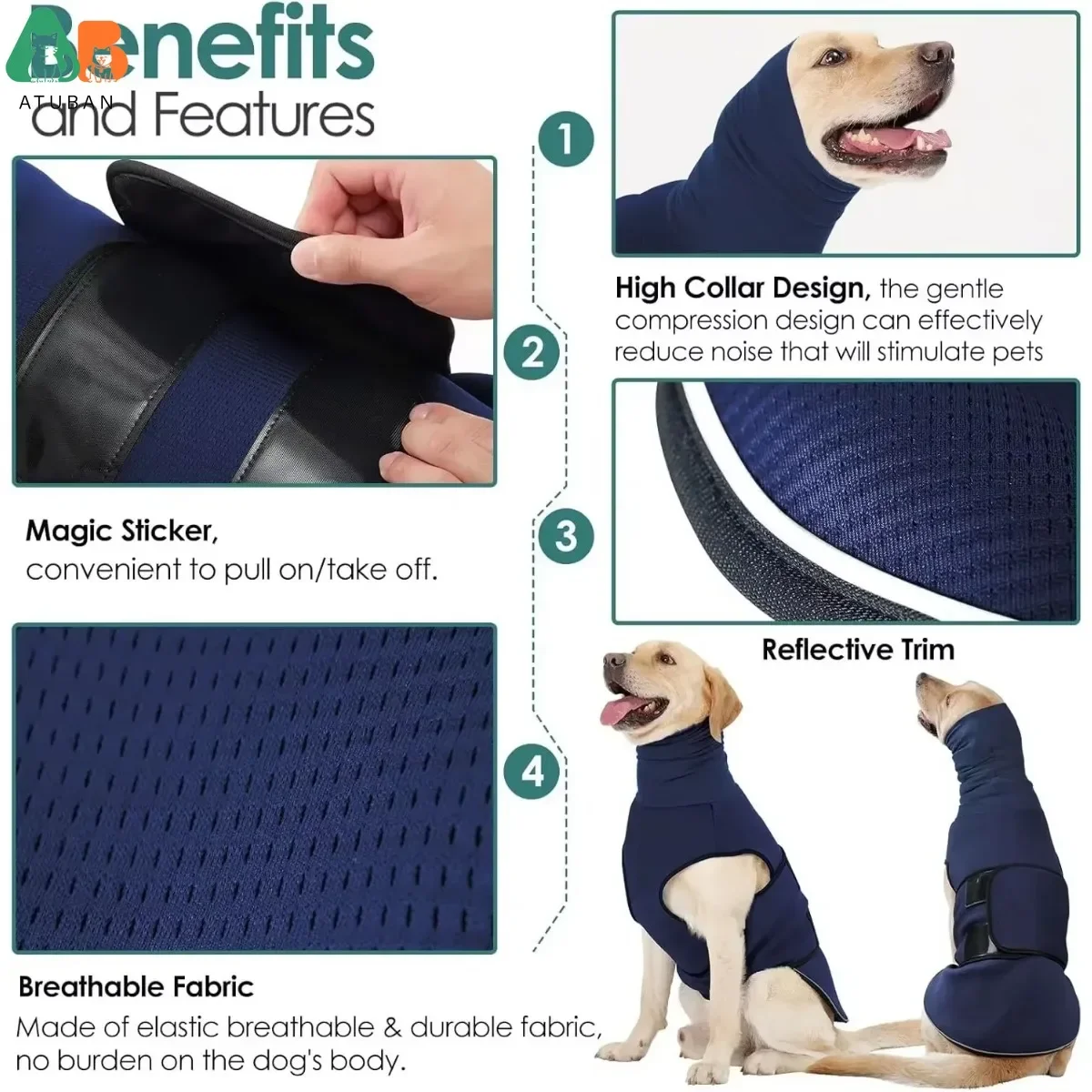 Chaleco de ansiedad para perros, chaqueta de trueno para perros grandes, chaqueta calmante con capucha, chaqueta de ansiedad para perros, sudaderas con capucha para perros para ruido - imagen 3