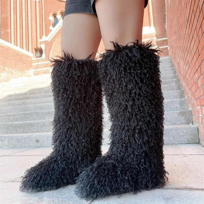 Botas hasta la rodilla de piel sintética de invierno de lujo para mujer, botas de nieve de piel de tubo alto de lana, zapatos de plataforma de piel mongol sintética esponjosa - imagen 4