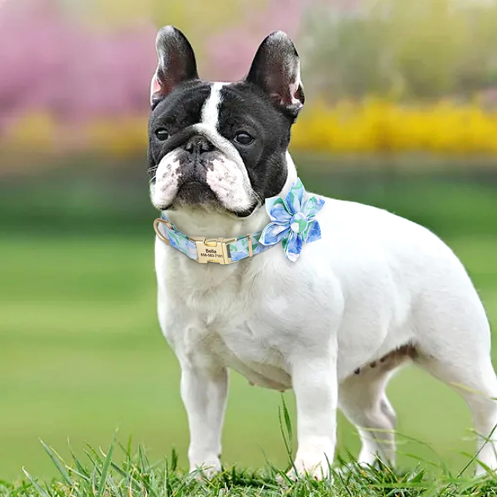 Collar de perro personalizado con estampado de nailon, collares para perros, Collar de identificación personalizado para mascotas con bonita flor para perros pequeños, medianos y grandes, Pug - imagen 5