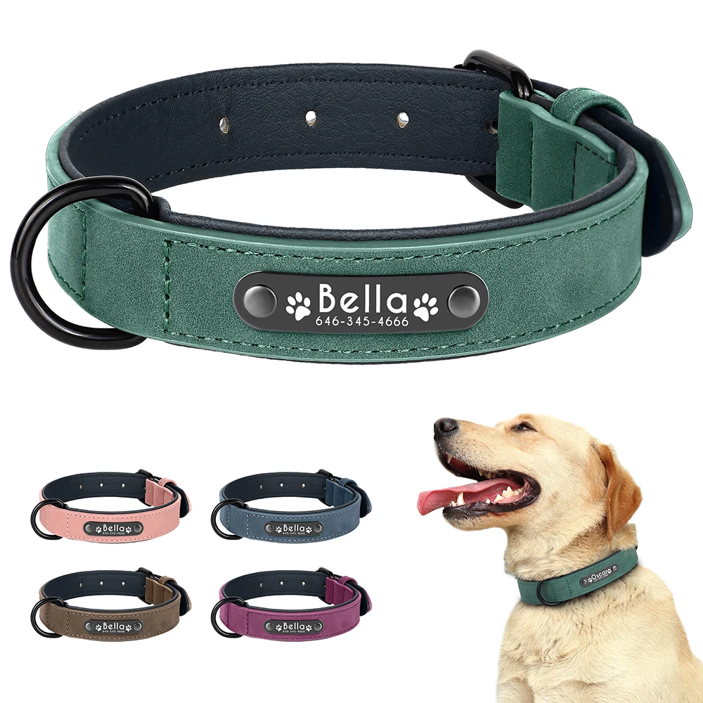 Collar de perro de cuero PU personalizado Collares de perro duraderos Collar de pata con nombre de mascota grabado gratis Acolchado suave para perros pequeños y grandes Pug