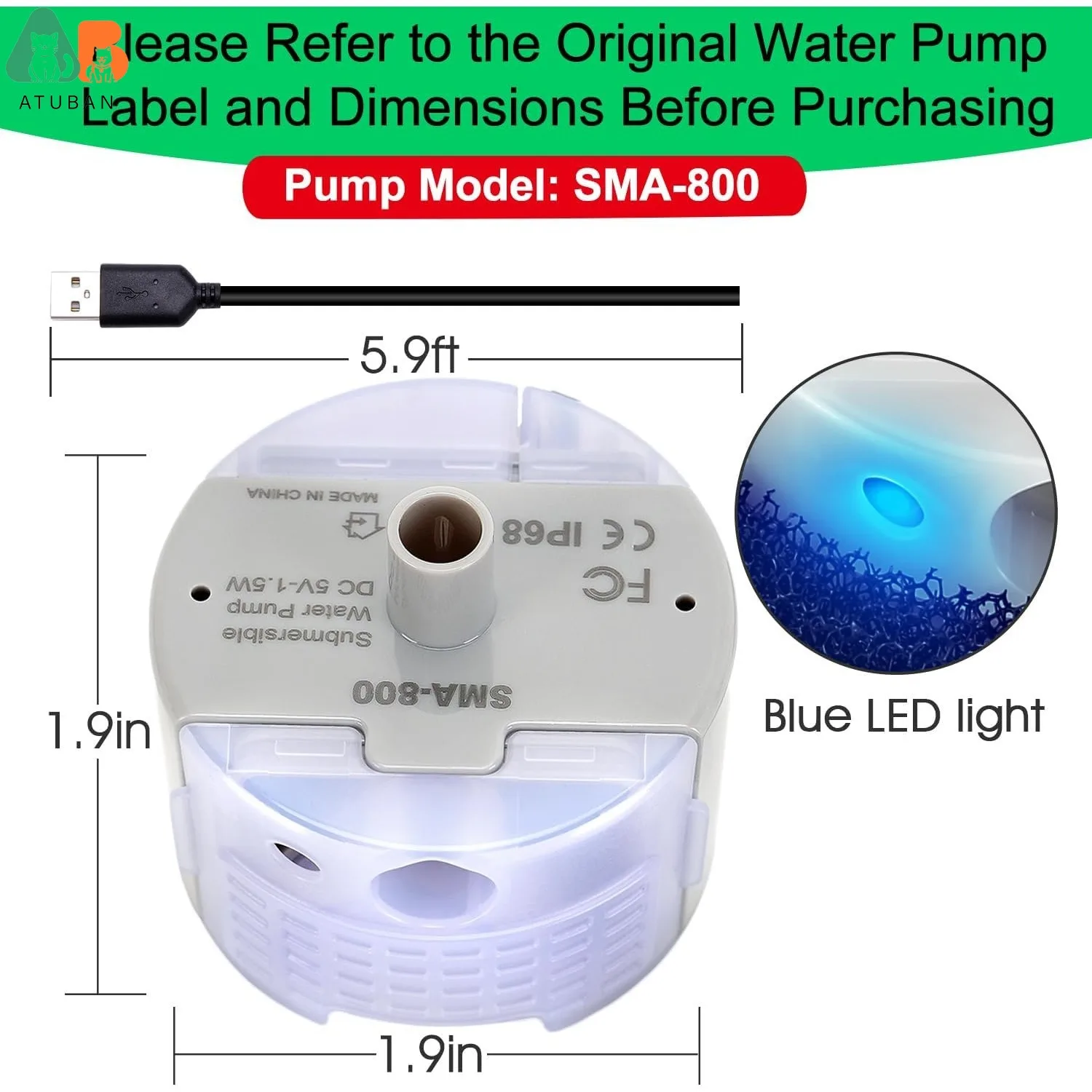 Bomba de fuente de agua para gatos ATUBAN, bombas de fuente de agua para mascotas, Motor sumergible de SMA-800 de repuesto, bomba de fuente para acero inoxidable - imagen 3