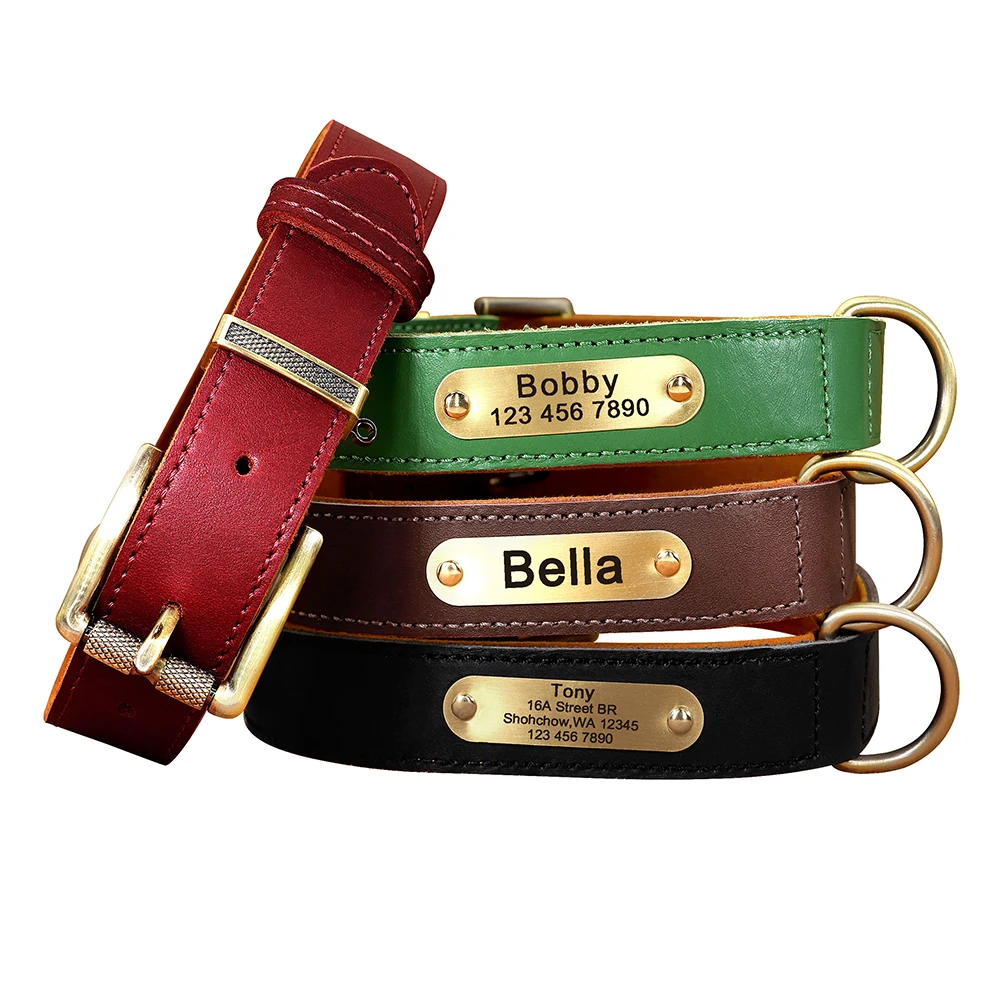 Collar de perro de cuero auténtico personalizado, collares duraderos de cuero genuino para perros, Collar con etiqueta de identificación de mascota grabada gratis para perros pequeños y grandes - imagen 2