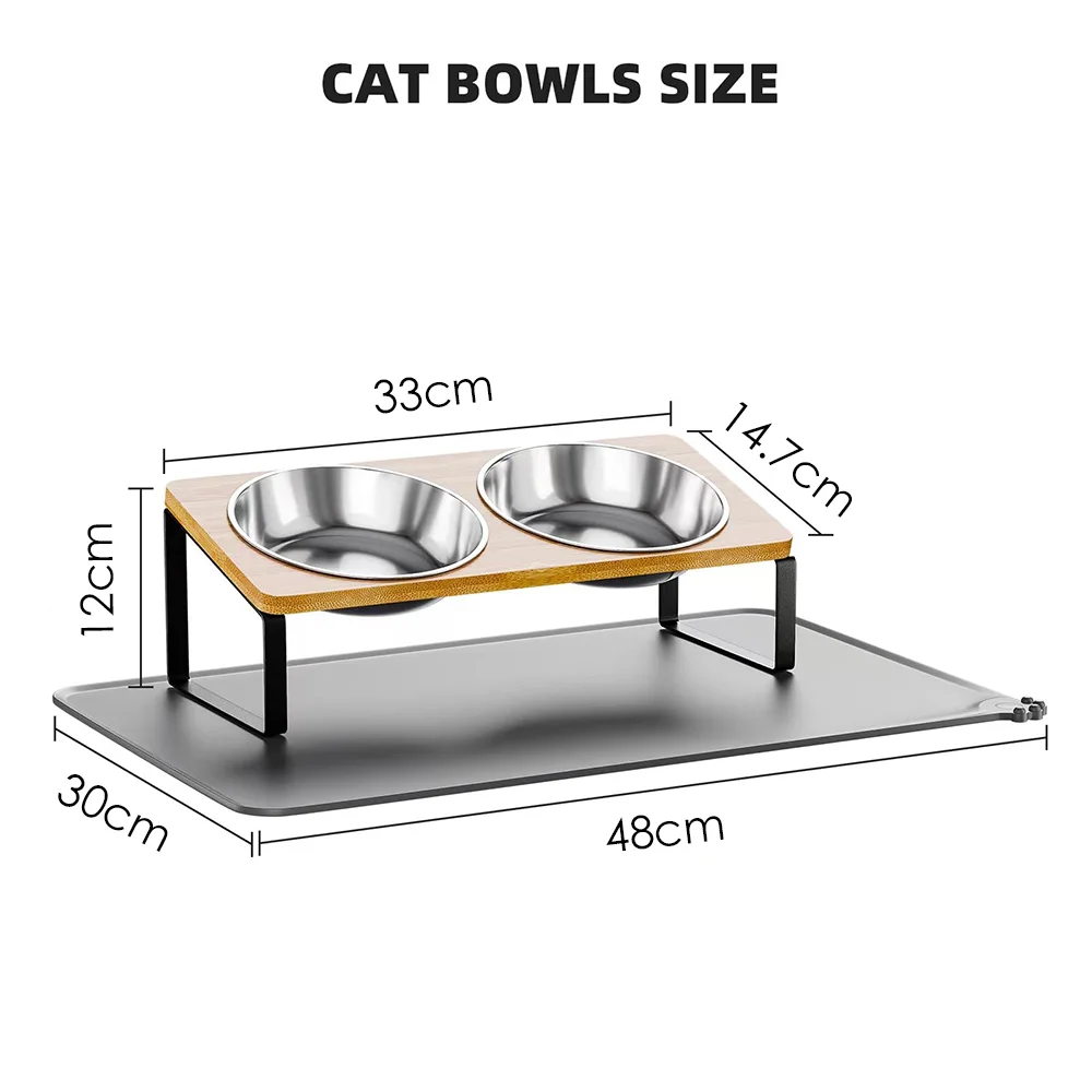 Cuencos para gatos elevados mejorados con tapete para comida, 15 ° Soporte inclinado Anti Vomitar platos para perros elevados 3 tazones de acero inoxidable - imagen 2