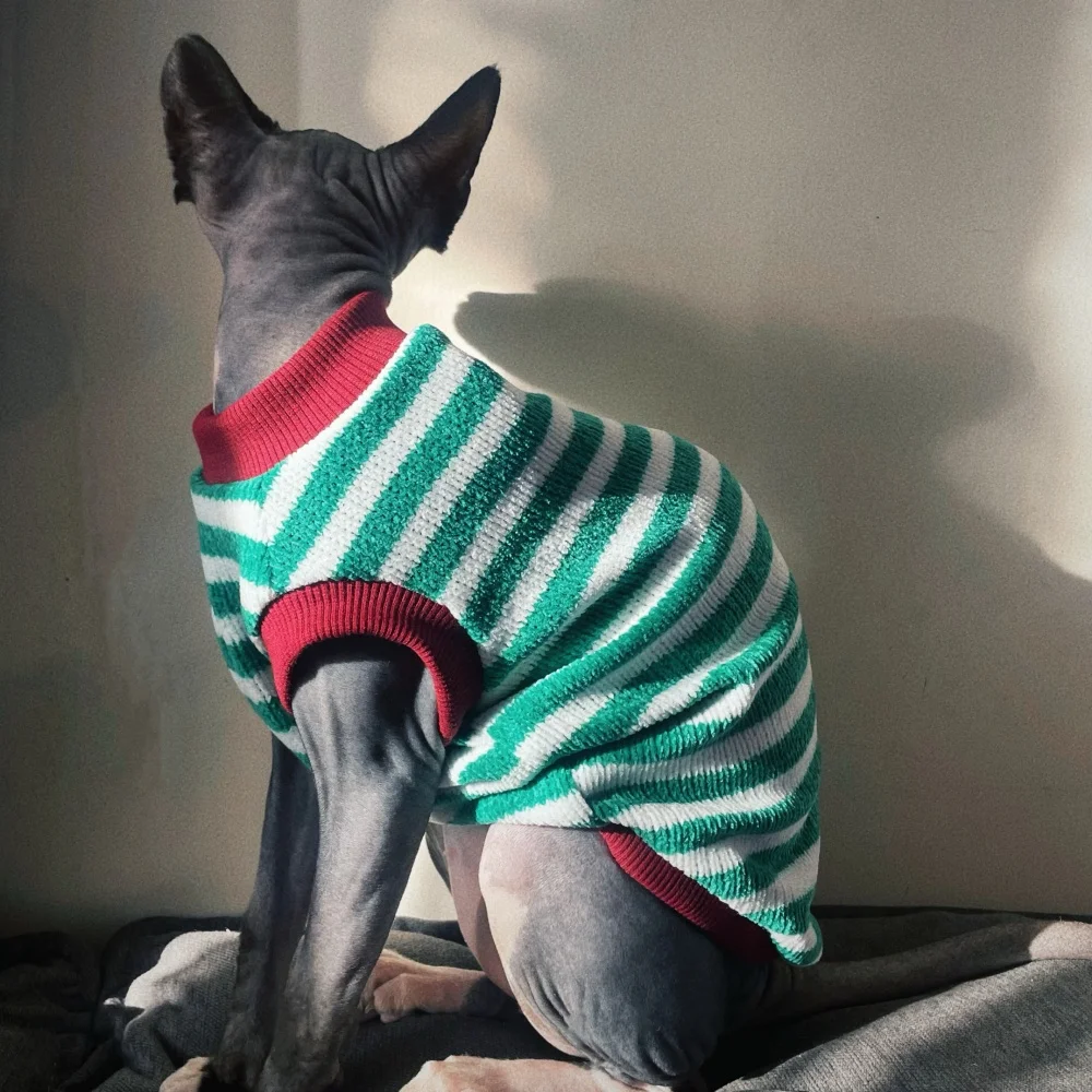 Primavera Otoño Gato sin pelo a rayas verdes Chaleco de suéter de chenilla suave Traje de Navidad para gatitos Chaqueta de invierno para gato Sphynx - imagen 2