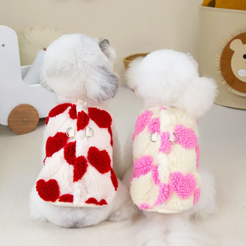 Ropa gruesa sin mangas para perros, chaqueta de invierno, ropa cálida de lana rosa y roja con corazón para mascotas, chaleco para perros pequeños, chaqueta, trajes, abrigo para cachorros - imagen 2