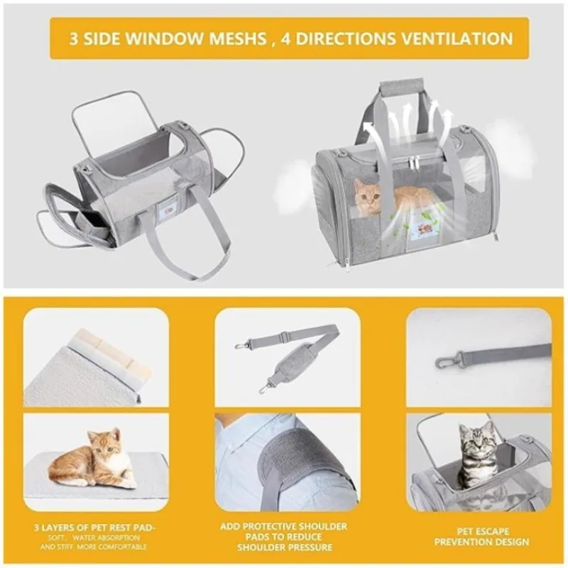 Bolsa transpirable para gatos, bolsa plegable de malla para gatos, transportadores portátiles de viaje para gatos salientes, bolso para mascotas al aire libre con cuenco plegable - imagen 3