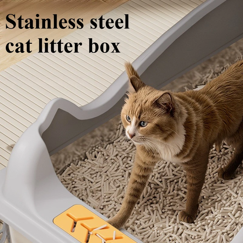 Caja de arena de acero inoxidable, barandilla elevada Extra grande, inodoro antisalpicaduras para gatos, suministros de productos para mascotas, sartenes para gatos, fácil de limpiar