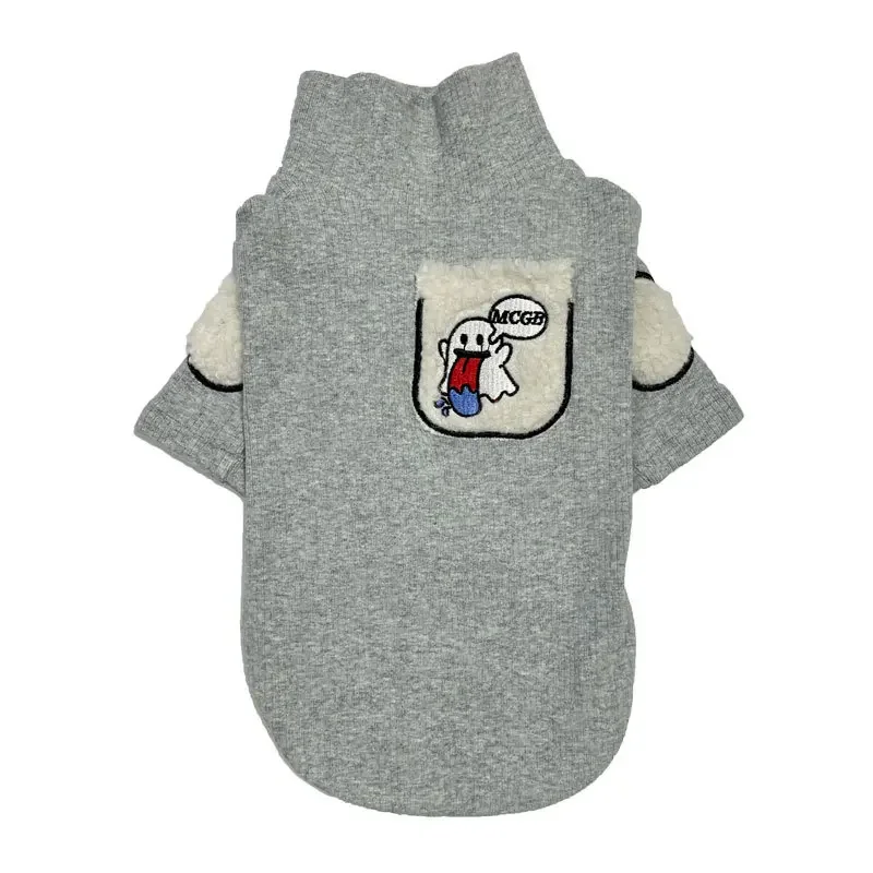 Sudadera con capucha gris de cuello alto para cachorro, camisa inferior de manga larga de lana de cordero bordada, ropa para perros pequeños y gatos de peluche de otoño e invierno - imagen 5
