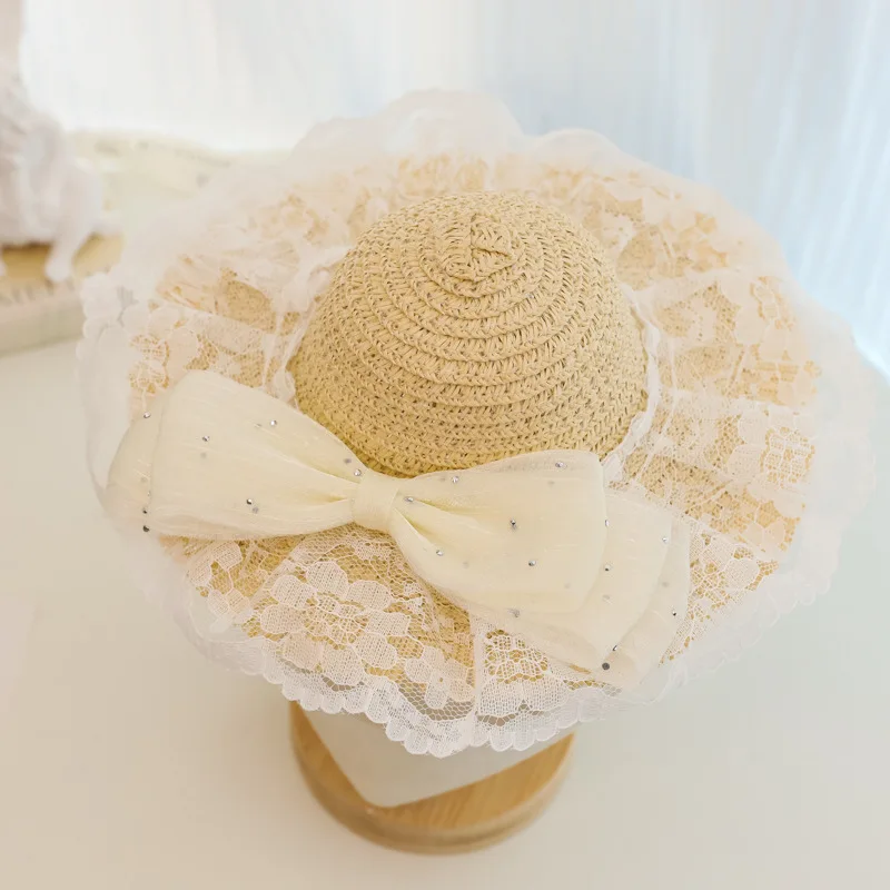 Sombrero de paja con perlas de encaje para mascotas, sombrero tejido para gatos, decoración, sombrilla, sombrero con lazo, accesorios para perros pequeños - imagen 4