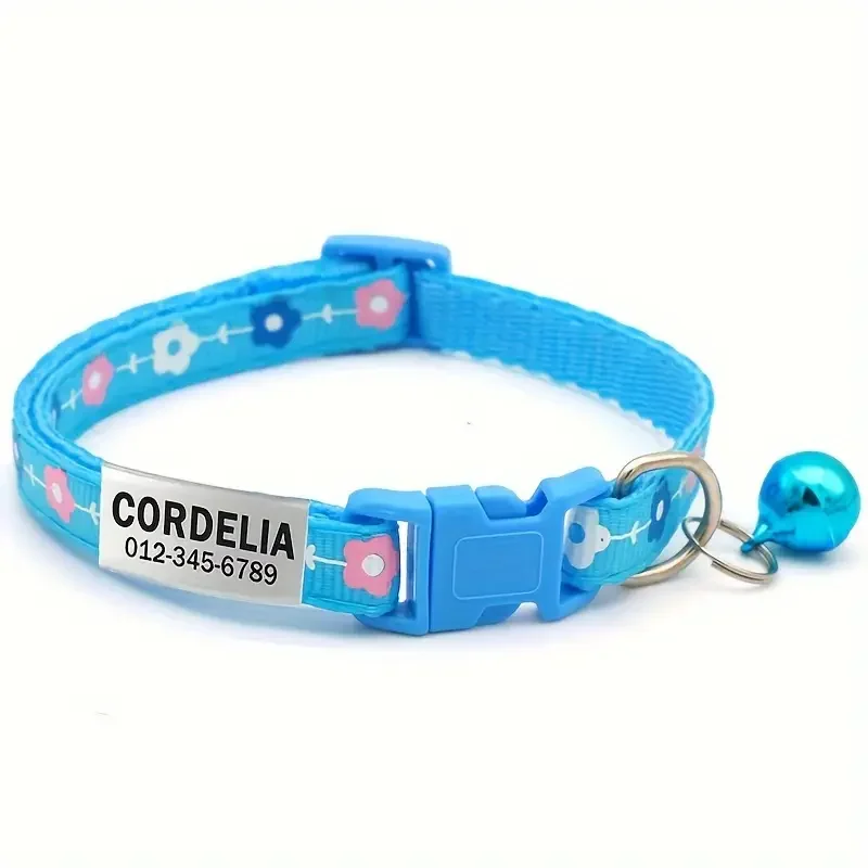 Collar de gato con diseño de flores, ID personalizado, Collar de gatito bonito ajustable con campana, Collar de nailon con grabado gratis para cachorro y gatito - imagen 5