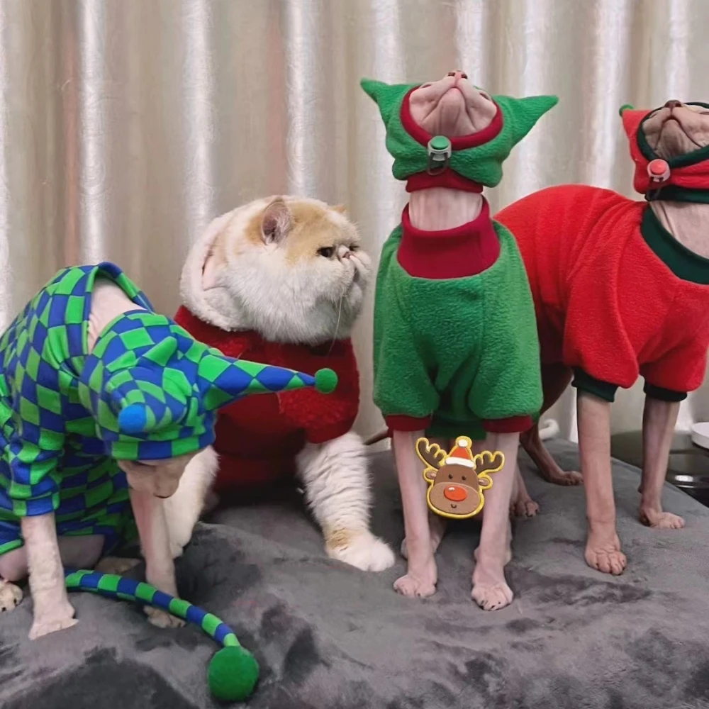 Abrigo de Navidad Sombrero Traje para Gato Invierno Cálido Manga Larga Chaqueta de forro polar para Sphynx Gato Rojo Verde Sudadera suave Suéter para perros