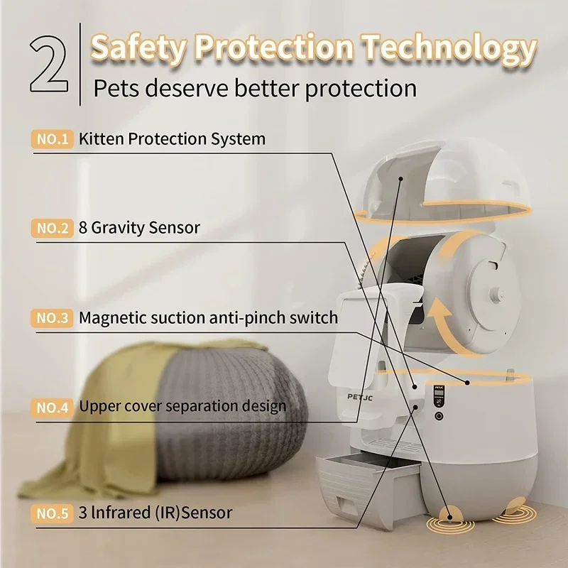 PETJC-caja de arena inteligente automática para gatos, máquina de heces completamente cerrada, orinal a prueba de salpicaduras, inodoro, autolimpieza, arenero para gatos - imagen 3