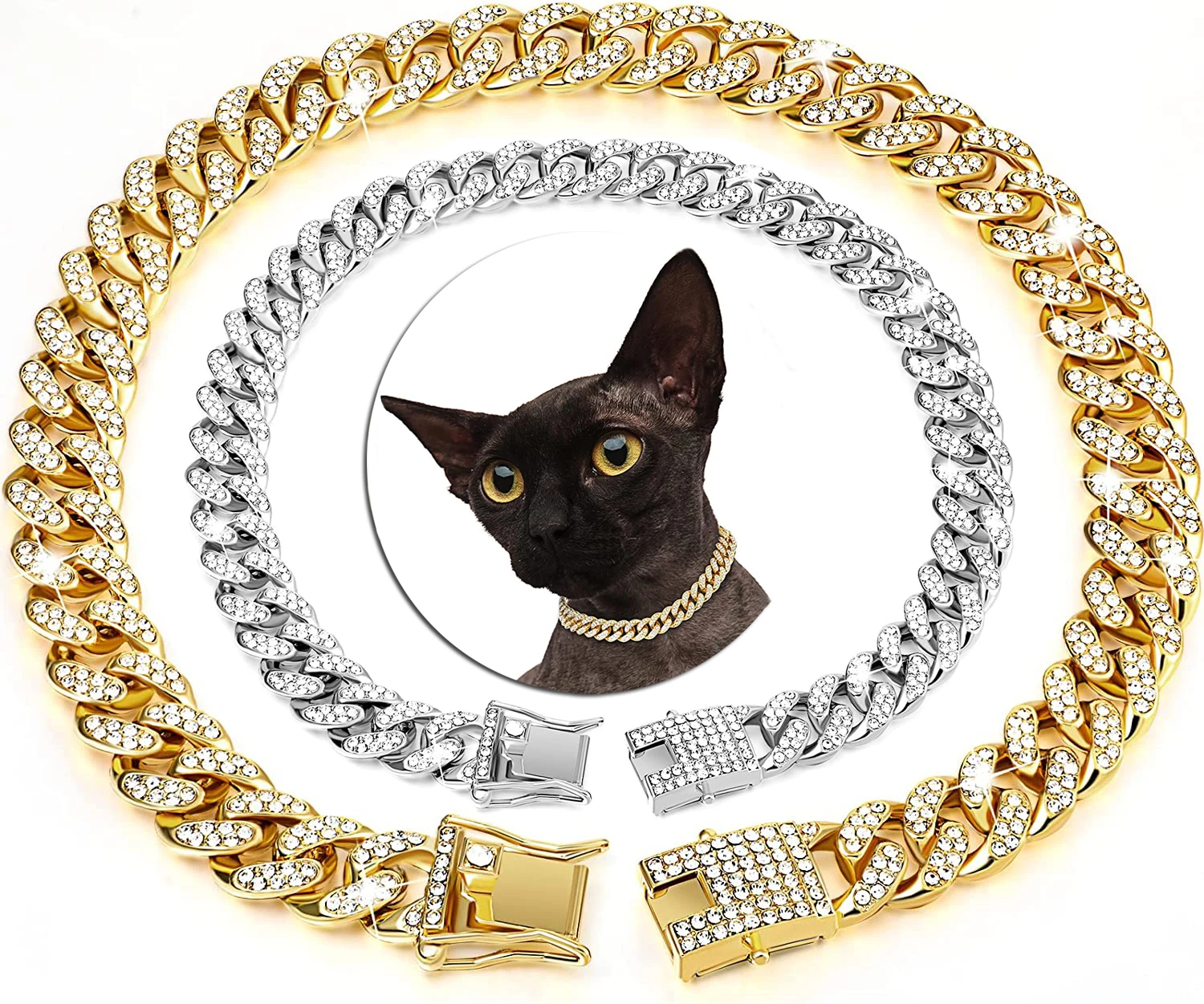 Accesorios de joyería de moda, Collar de gato de cadena cubana dorada, Collar de gatito de mascota con diamantes de imitación de cristal de lujo para gatos - imagen 2