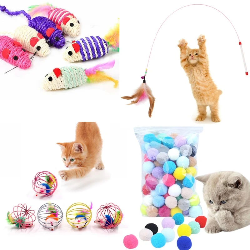 Jaula de ratón de juguete interactivo para gatos, palo Teaser de plumas, varita de juguete con campana pequeña, bola pequeña de fieltro colorida, suministros para mascotas - imagen 2