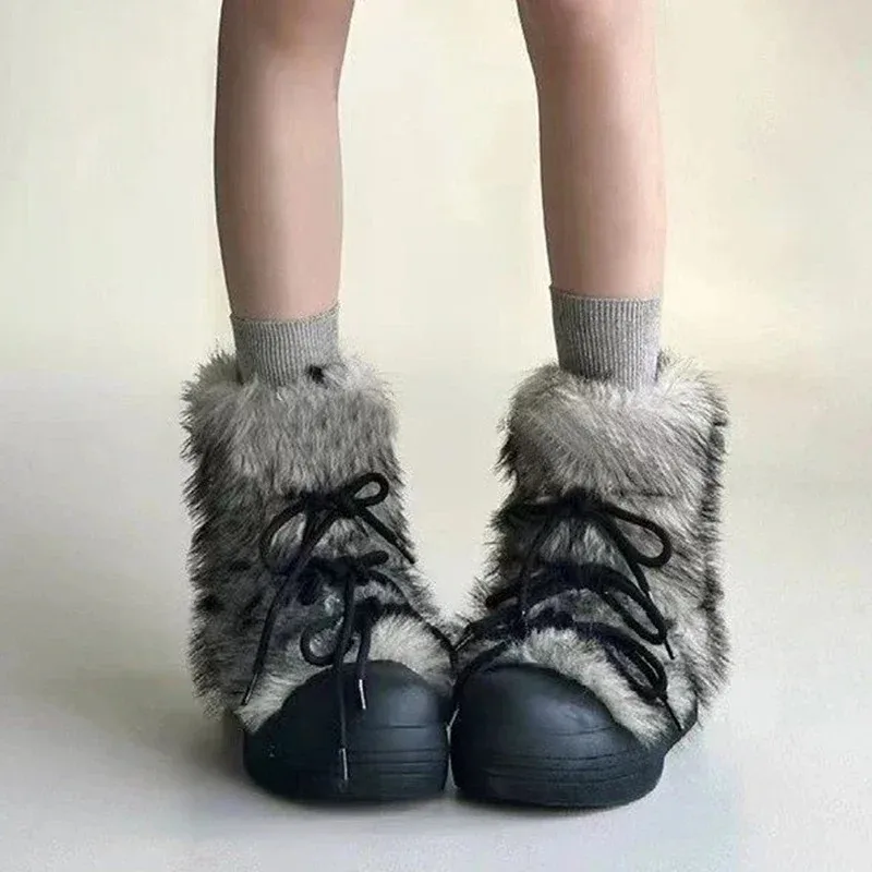 Botines de nieve de piel para mujer, zapatos planos con plataforma cálidos, zapatillas cómodas informales de felpa de diseñador para invierno, nueva tendencia - imagen 2