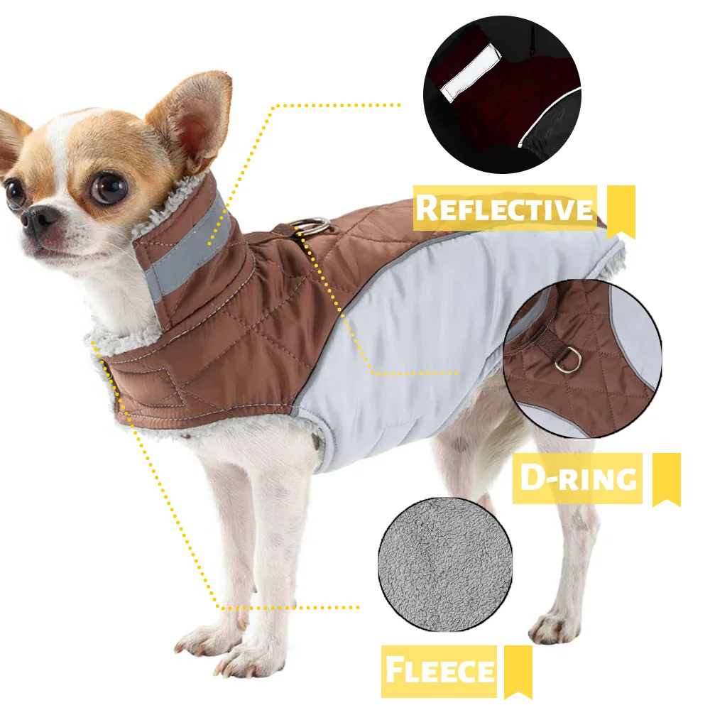 Chaleco de lana para mascotas, abrigo con anillo en D, ropa a cuadros para perros pequeños y medianos, Parka cálida de cuello alto para perros, trajes de Yorkshire para invierno - imagen 3